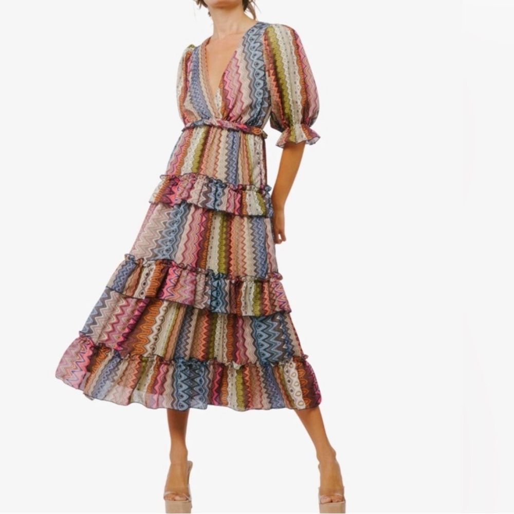 CIEBON Madelyn Stripe Tiered Midi Dress | Boho | Resort, Worn Once, Size Medium - Picture 3 of 4